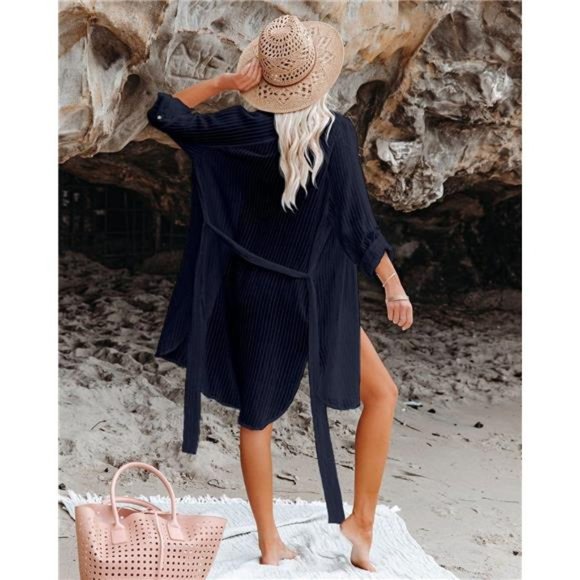 Womens Beachwear Cover Up, Long Sleeve Button Down Beach Shirt with Belt - Picture 2 of 8